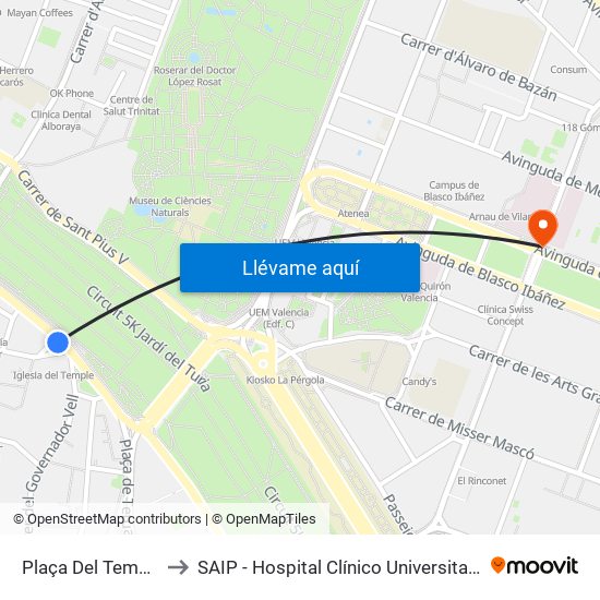 Plaça Del Temple to SAIP - Hospital Clínico Universitatio map