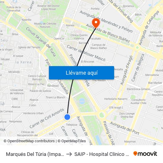 Marqués Del Túria (Impar) - Cánovas to SAIP - Hospital Clínico Universitatio map