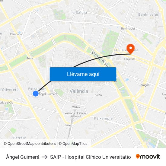 Àngel Guimerá to SAIP - Hospital Clínico Universitatio map