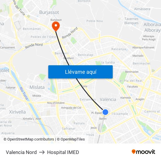 Valencia Nord to Hospital IMED map