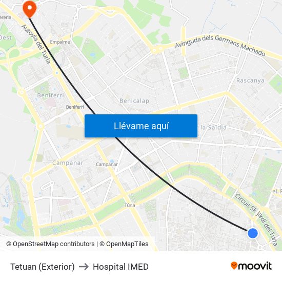 Tetuan (Exterior) to Hospital IMED map