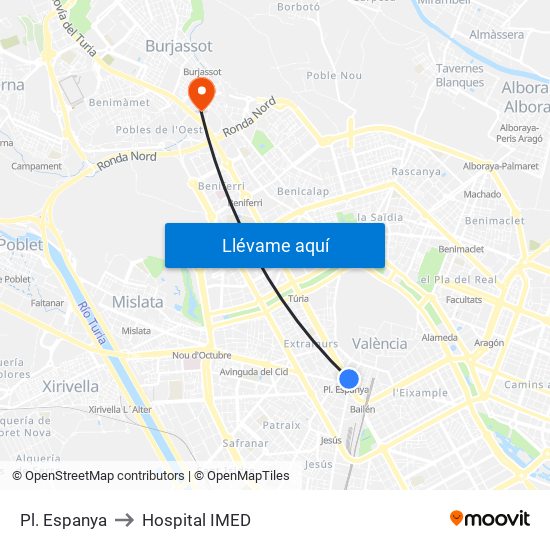 Pl. Espanya to Hospital IMED map