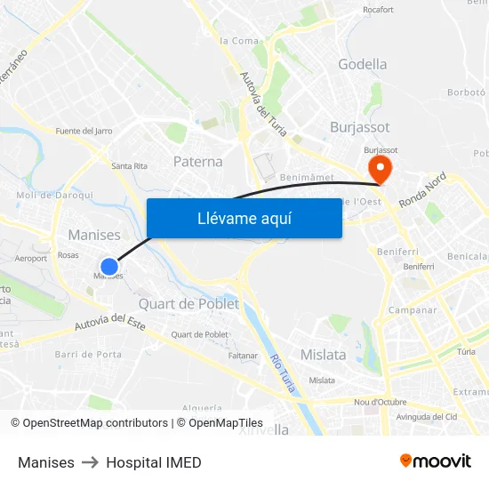 Manises to Hospital IMED map