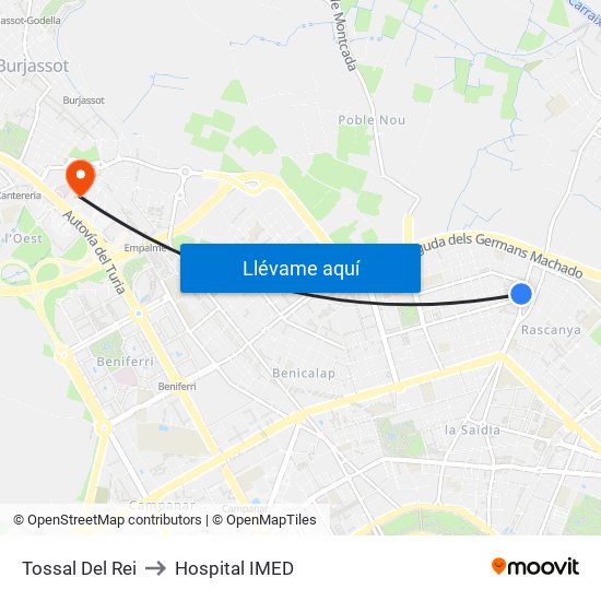 Tossal Del Rei to Hospital IMED map