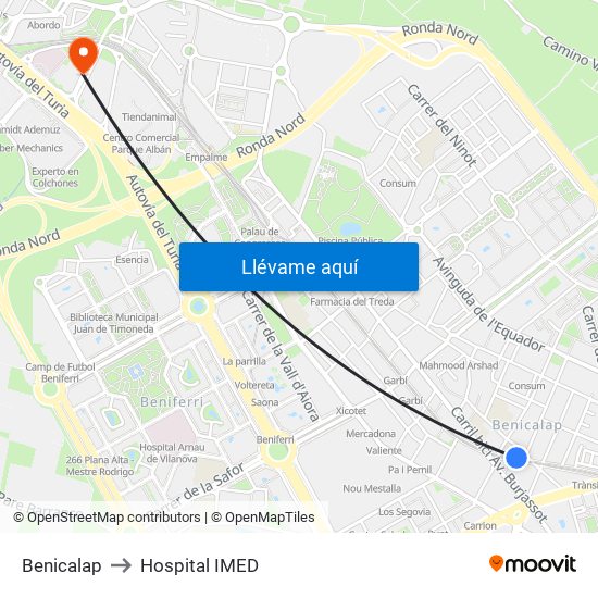 Benicalap to Hospital IMED map