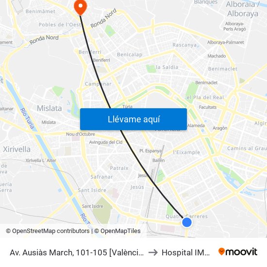 Av. Ausiàs March, 101-105 [València] to Hospital IMED map