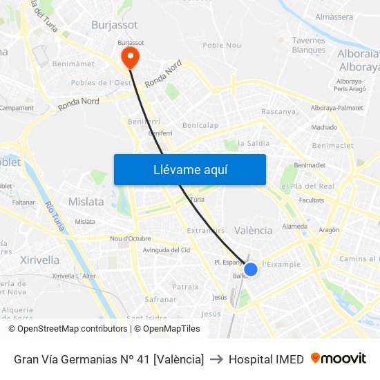 Gran Vía Germanias Nº 41 [València] to Hospital IMED map