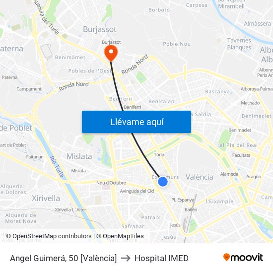Angel Guimerá, 50 [València] to Hospital IMED map