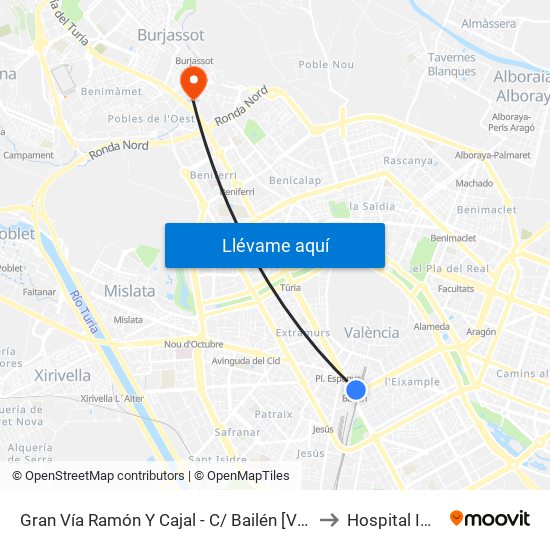 Gran Vía Ramón Y Cajal - C/ Bailén [València] to Hospital IMED map