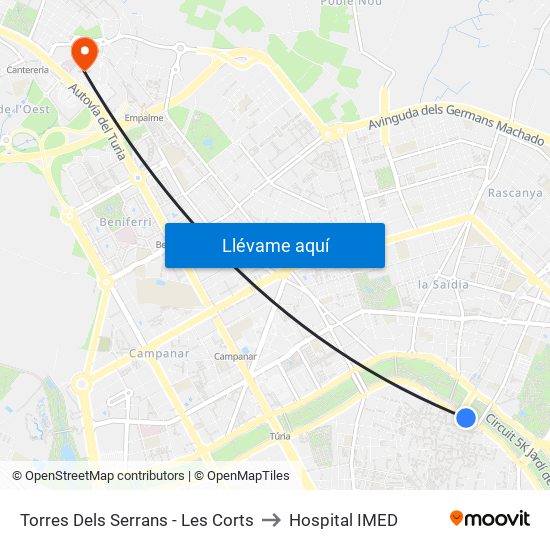 Les Corts to Hospital IMED map