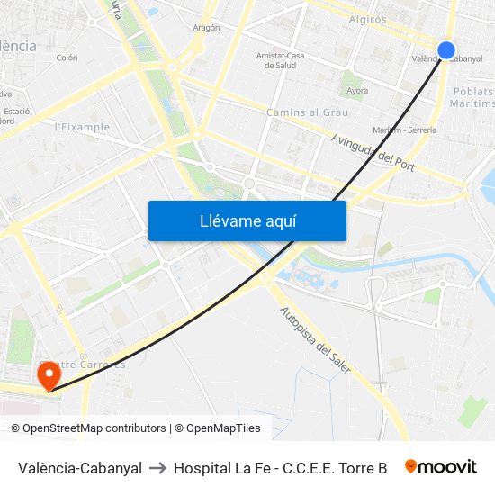 València-Cabanyal to Hospital La Fe - C.C.E.E. Torre B map
