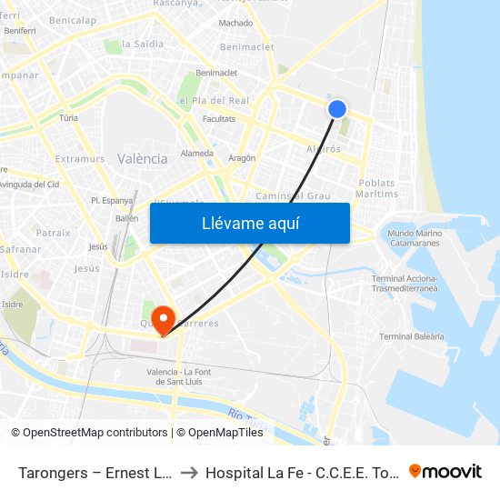 Tarongers – Ernest Lluch to Hospital La Fe - C.C.E.E. Torre B map