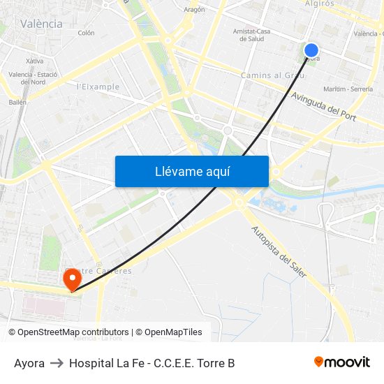 Ayora to Hospital La Fe - C.C.E.E. Torre B map