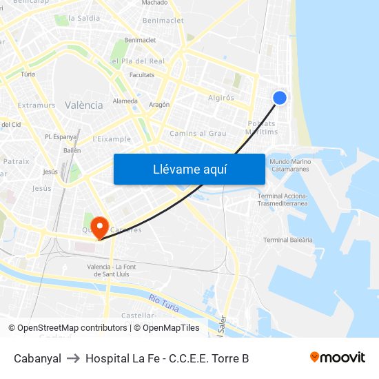 Cabanyal to Hospital La Fe - C.C.E.E. Torre B map