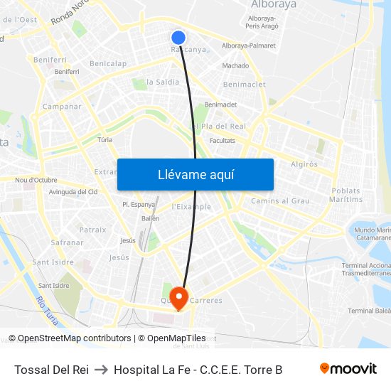Tossal Del Rei to Hospital La Fe - C.C.E.E. Torre B map
