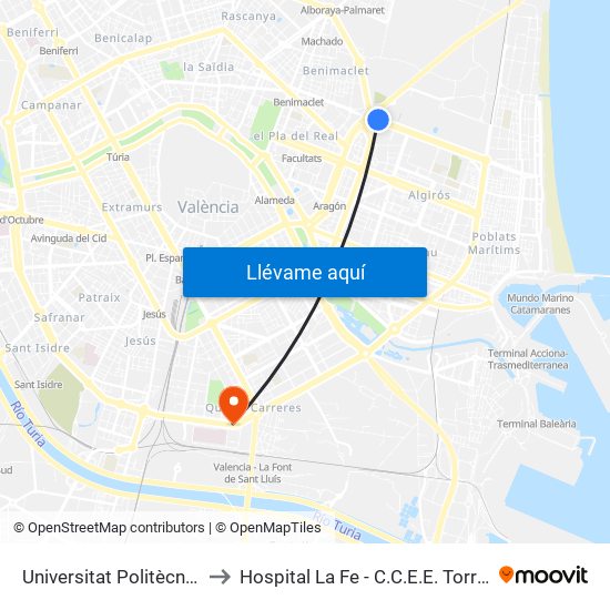 Universitat Politècnica to Hospital La Fe - C.C.E.E. Torre B map