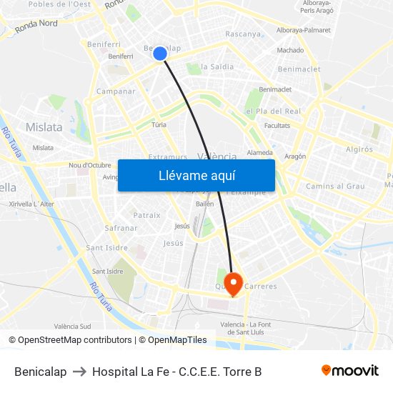 Benicalap to Hospital La Fe - C.C.E.E. Torre B map