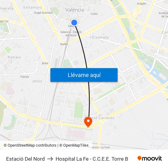 Estació Del Nord to Hospital La Fe - C.C.E.E. Torre B map