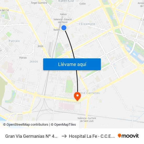 Gran Vía Germanias Nº 41 [València] to Hospital La Fe - C.C.E.E. Torre B map