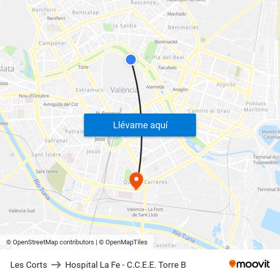 Les Corts to Hospital La Fe - C.C.E.E. Torre B map