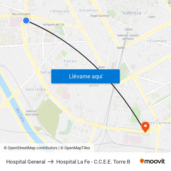 Hospital General to Hospital La Fe - C.C.E.E. Torre B map