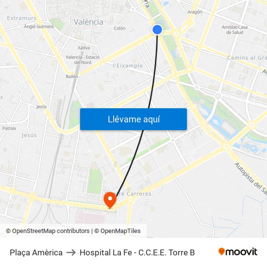 Plaça Amèrica to Hospital La Fe - C.C.E.E. Torre B map