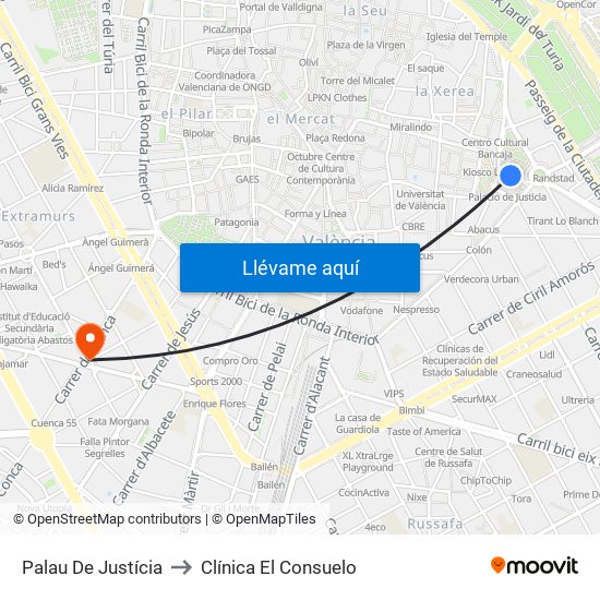 Palau De Justícia to Clínica El Consuelo map