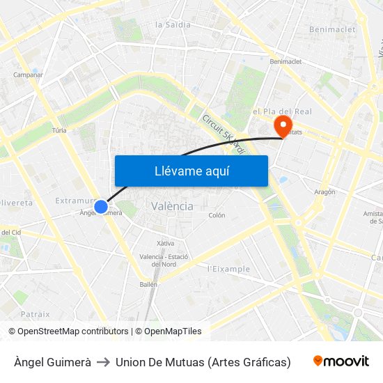 Àngel Guimerà to Union De Mutuas (Artes Gráficas) map