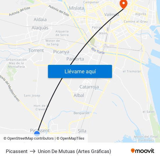 Picassent to Union De Mutuas (Artes Gráficas) map