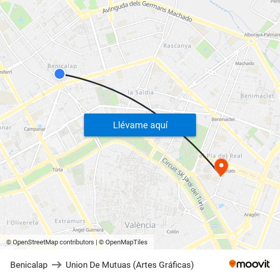 Benicalap to Union De Mutuas (Artes Gráficas) map