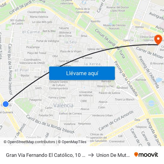 Gran Vía Fernando El Católico, 10 – Estació Metro Ángel Guimerá [València] to Union De Mutuas (Artes Gráficas) map