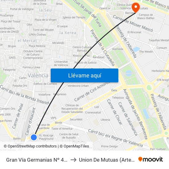 Gran Vía Germanias Nº 41 [València] to Union De Mutuas (Artes Gráficas) map