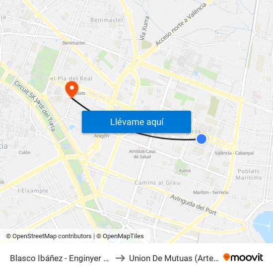 Blasco Ibáñez - Enginyer Rafael Janini to Union De Mutuas (Artes Gráficas) map