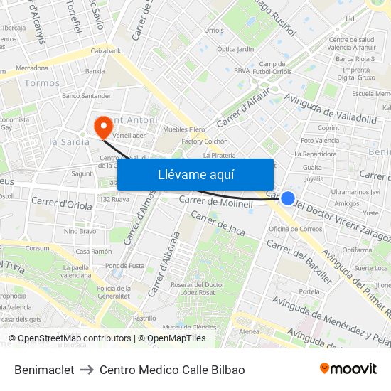 Benimaclet to Centro Medico Calle Bilbao map