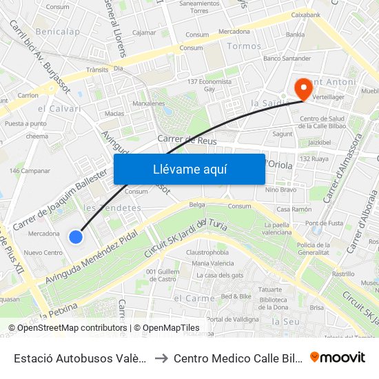 Estació Autobusos València to Centro Medico Calle Bilbao map