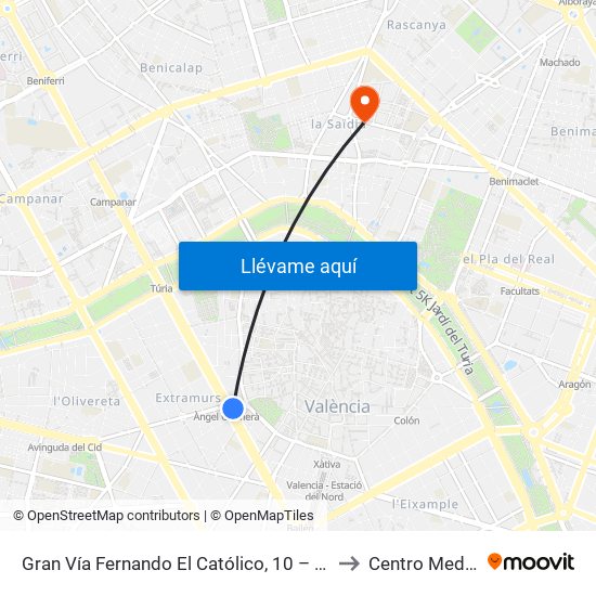 Gran Vía Fernando El Católico, 10 – Estació Metro Ángel Guimerá [València] to Centro Medico Calle Bilbao map
