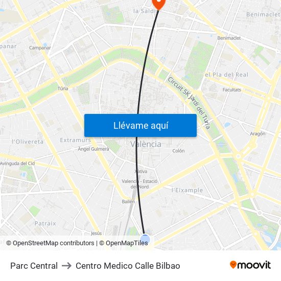 Parc Central to Centro Medico Calle Bilbao map