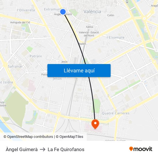 Àngel Guimerà to La Fe Quirofanos map