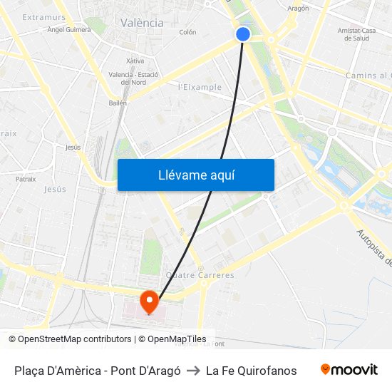 Plaça Amèrica to La Fe Quirofanos map