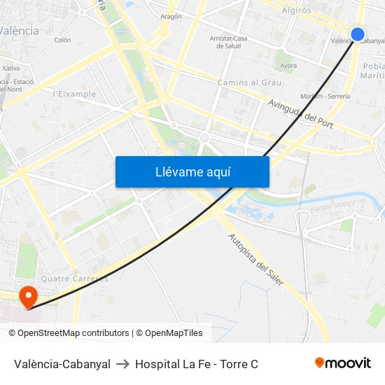 València-Cabanyal to Hospital La Fe - Torre C map