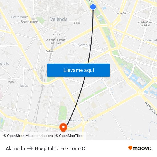 Alameda to Hospital La Fe - Torre C map