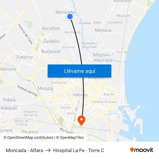 Moncada - Alfara to Hospital La Fe - Torre C map