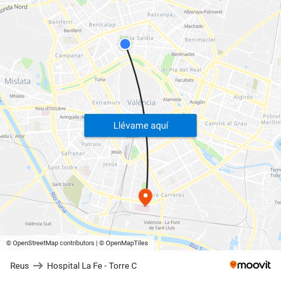 Reus to Hospital La Fe - Torre C map