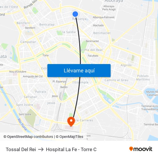Tossal Del Rei to Hospital La Fe - Torre C map