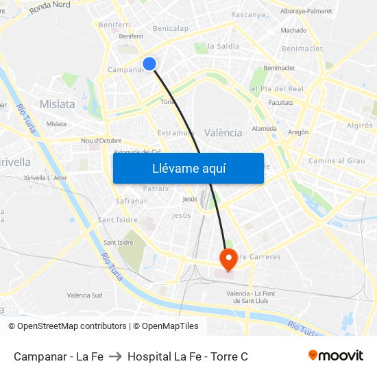 Campanar - La Fe to Hospital La Fe - Torre C map