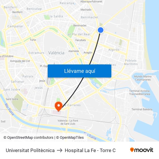 Universitat Politècnica to Hospital La Fe - Torre C map