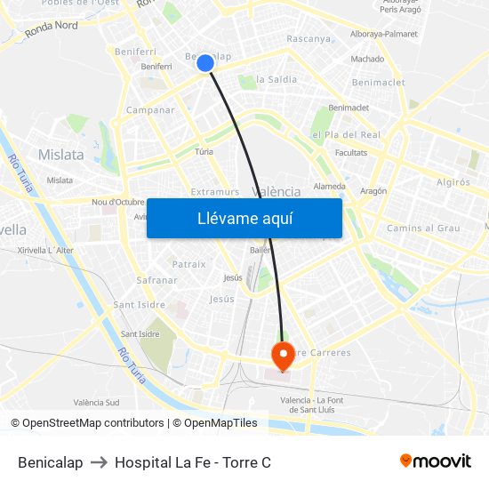 Benicalap to Hospital La Fe - Torre C map