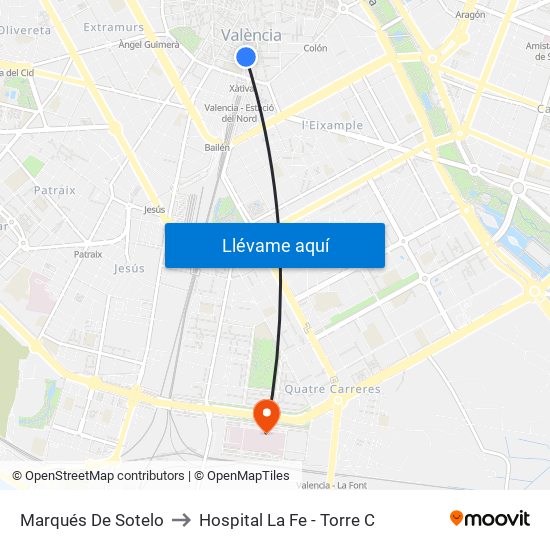 Marqués De Sotelo to Hospital La Fe - Torre C map