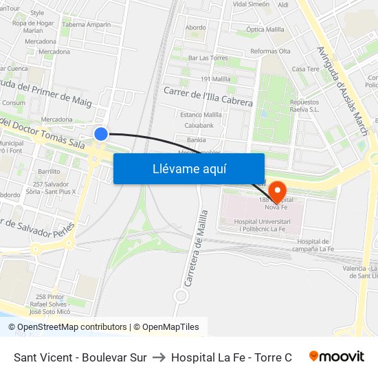 Sant Vicent  - Boulevar Sur to Hospital La Fe - Torre C map