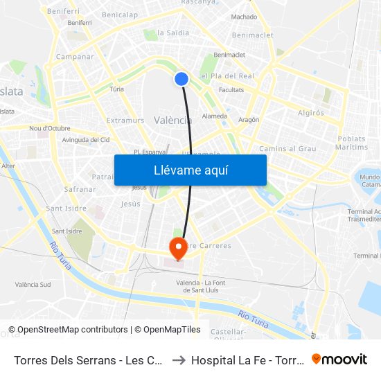 Les Corts to Hospital La Fe - Torre C map